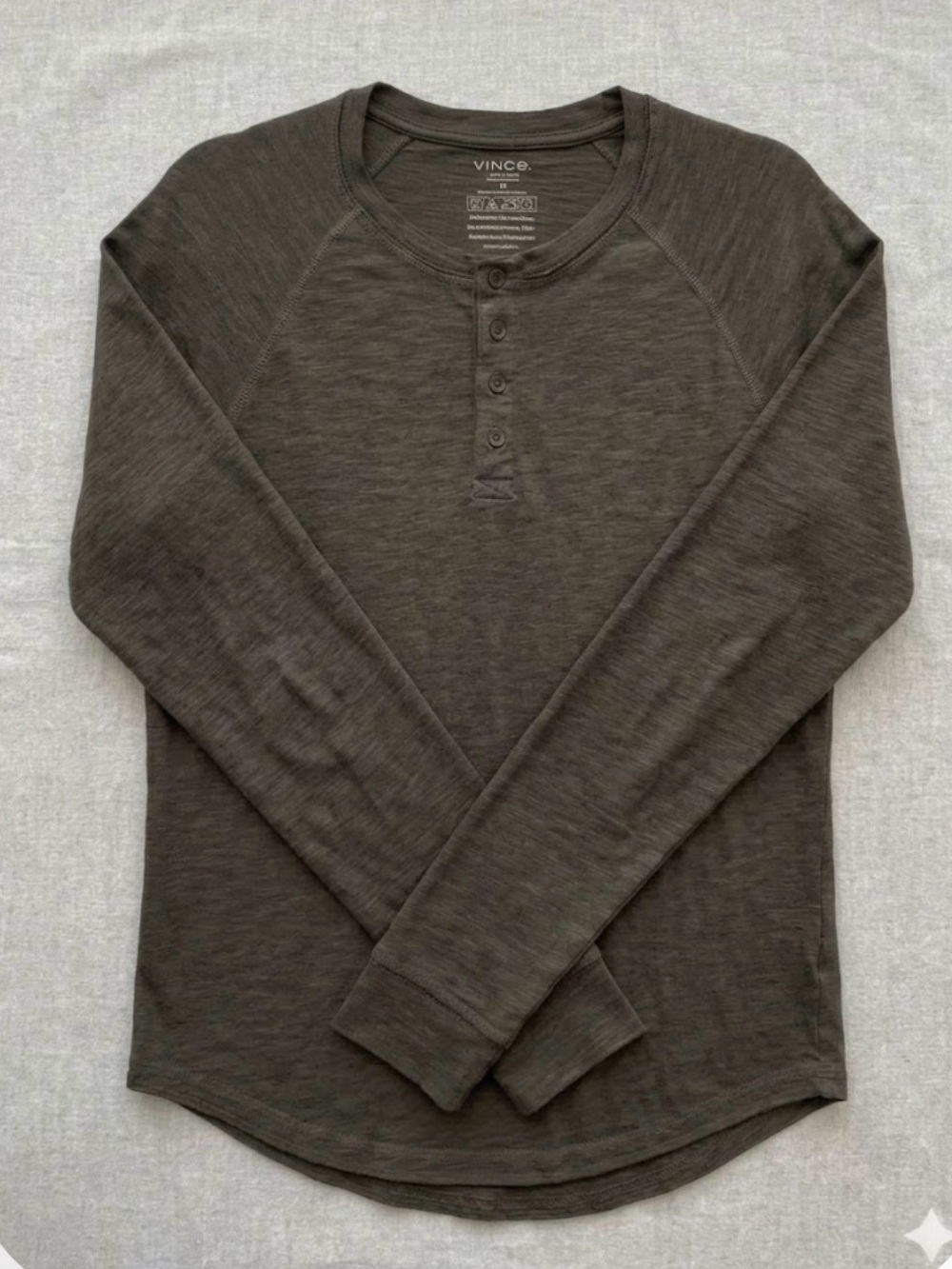 Vince Mens Henley Shirt Cotton Olive Green Slub Long Sleeve Casual Minimalist XS